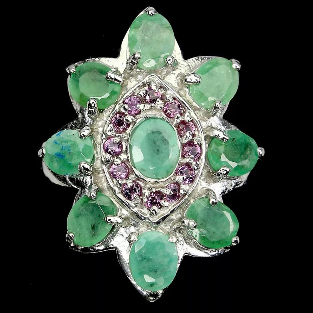 Natural Unheated Green Emerald 5x4mm Rhodolite Garnet Sterling Silver Ring Sz7